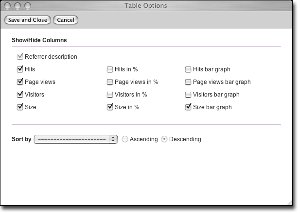 Sawmill Table Options screen shot
