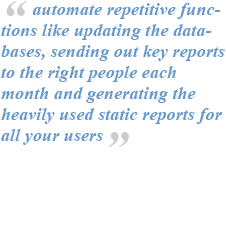 you can automate repetitive functions like updating the databases, sending out key reports to the right people each month and generating the heavily used static reports for all your users