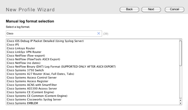 screenshot: format seach in Sawmill new profile wizard